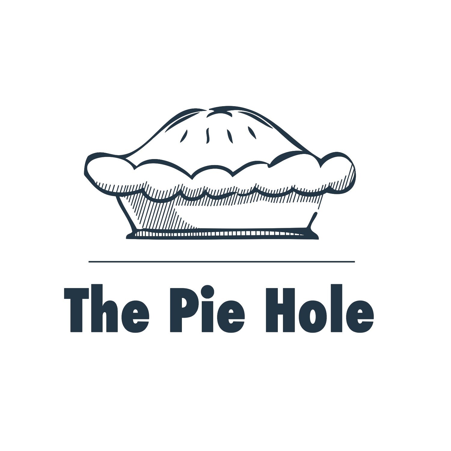 Logo for 'The Pie Hole,' featuring a hand-drawn, detailed illustration of a classic pie with a flaky crust on top. Below the pie is the name 'The Pie Hole' in bold, capitalized, sans-serif typography. The entire logo is in a monochromatic navy blue.