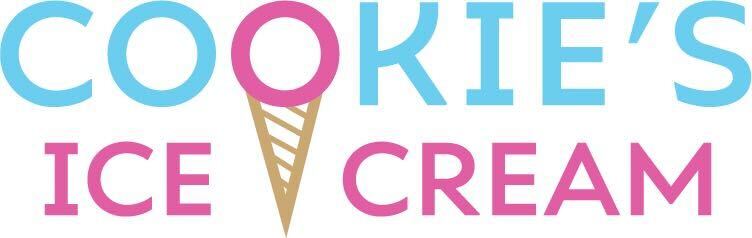 The logo for Cookie's Ice Cream, featuring bold capital letters in alternating blue and pink colors spelling out 'COOKIE'S' above a smaller 'ICE CREAM.' The second O in the word 'COOKIE'S', is an illustration of an ice cream cone.