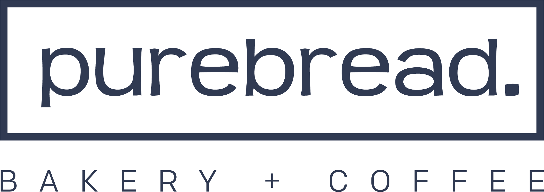 The logo for Purebread Bakery consists of the word 'purebread' in a bold, modern sans-serif typeface in a dark navy colour. The name is presented in lowercase letters with a period at the end. Below the main brand name, the words 'bakery + coffee' are written in all caps, in a smaller, thinner font.