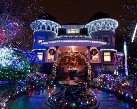 Canuck Place Children's Hospice lit up at night during Christmas