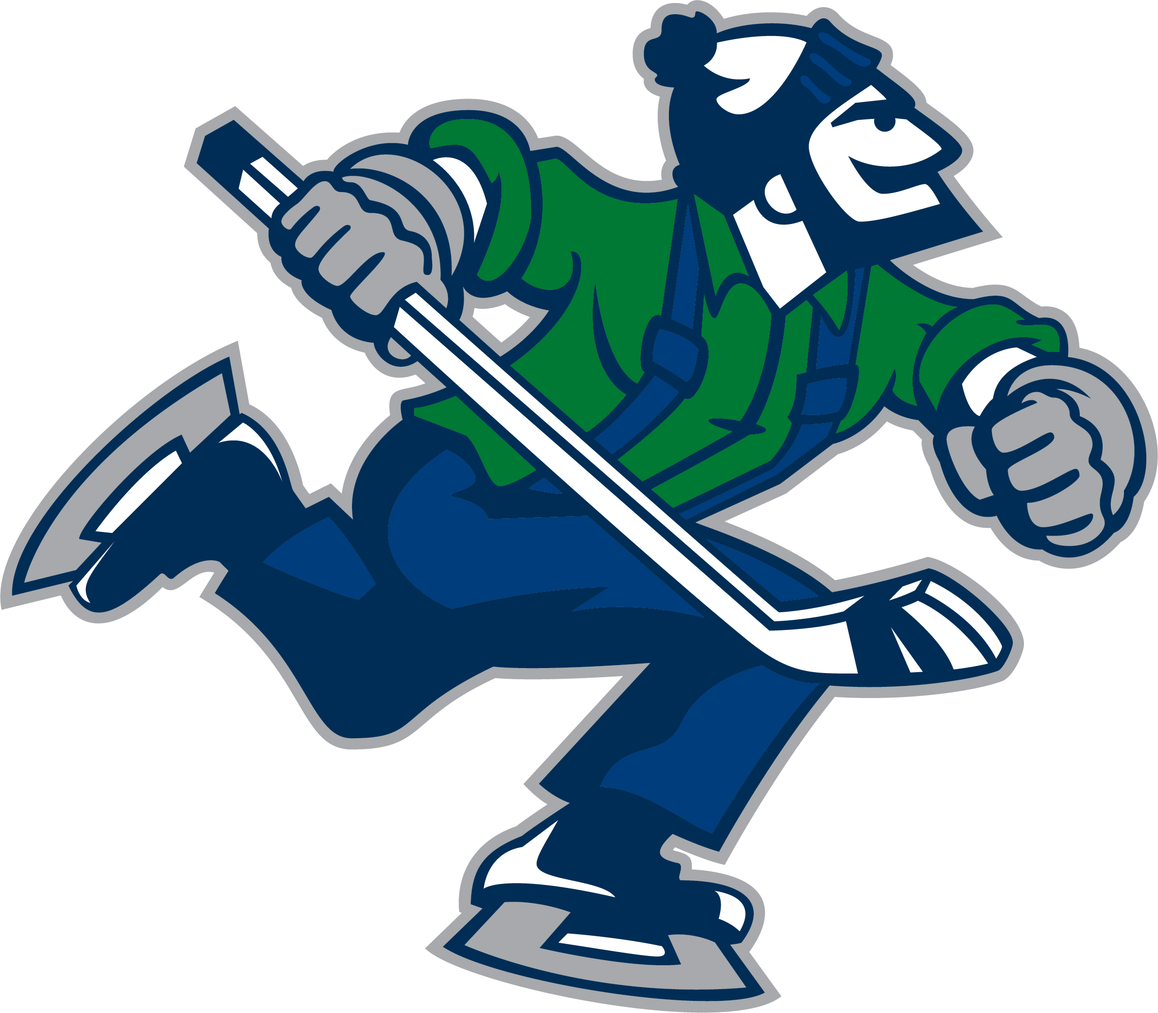 Animated character logo depicting a hockey player in motion. The player is wearing a green jersey with blue pants and skates, and a winter hat. They are handling a hockey stick. The character is outlined against a black background.