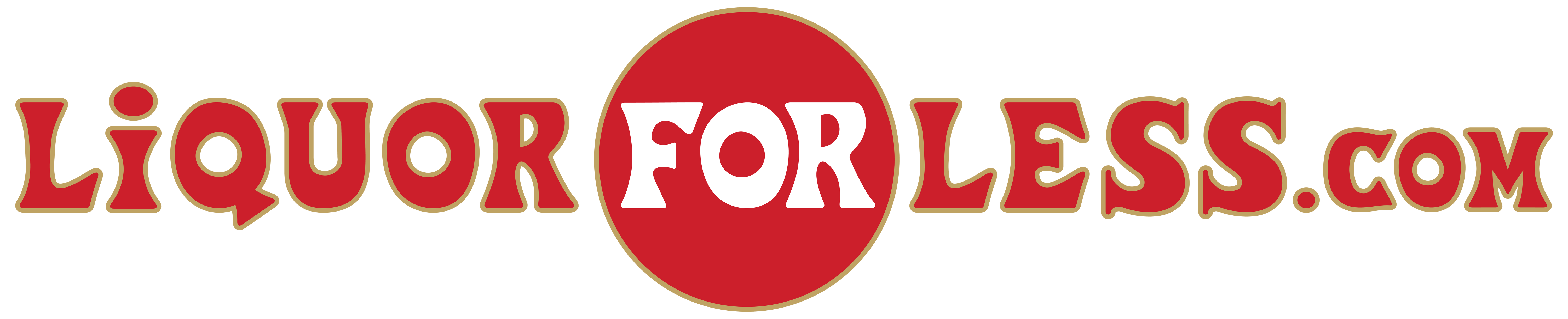 Logo for LiquorForLess.com, composed of stylized red and gold lettering with a red oval background highlighting the 'FOR' in the center. The text is designed with a playful, retro font.