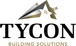Logo of Tycon Building Solutions, featuring an abstract image of a stylized roofline in black with a gold star on the peak, resembling a paper airplane. Below the image, the word 'TYCON' is prominently displayed in bold black capital letters, with 'BUILDING SOLUTIONS' in smaller black capital letters underneath.