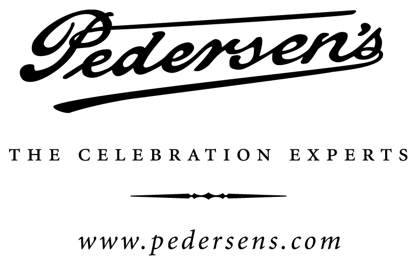 Logo of Pedersen's, featuring elegant script lettering in black for 'Pedersen's' with a flourish underneath. Below the name is the tagline 'THE CELEBRATION EXPERTS' in uppercase, serif font. At the bottom, the website link 'www.pedersens.com' is presented in a simple, sans-serif font.