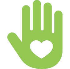 A green hand-shaped icon with a white heart in the middle of the palm.