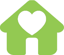 This image depicts a simple green house icon with a heart shape cut out in the centre.