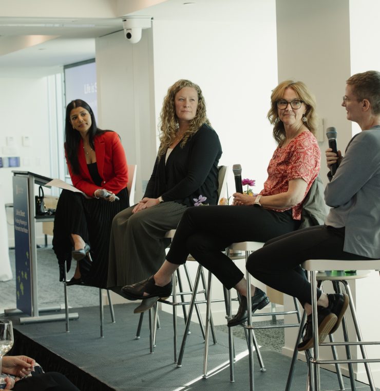 Global TV National's Neetu Garcha moderating the Life is Short panel event with speakers, Meagan Colenutt, Camara van Breemen, and Cara Pryor.